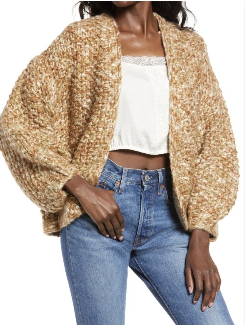 NWT Blank NYC Chunky Open-Front Cardigan in Honey Tan Blend